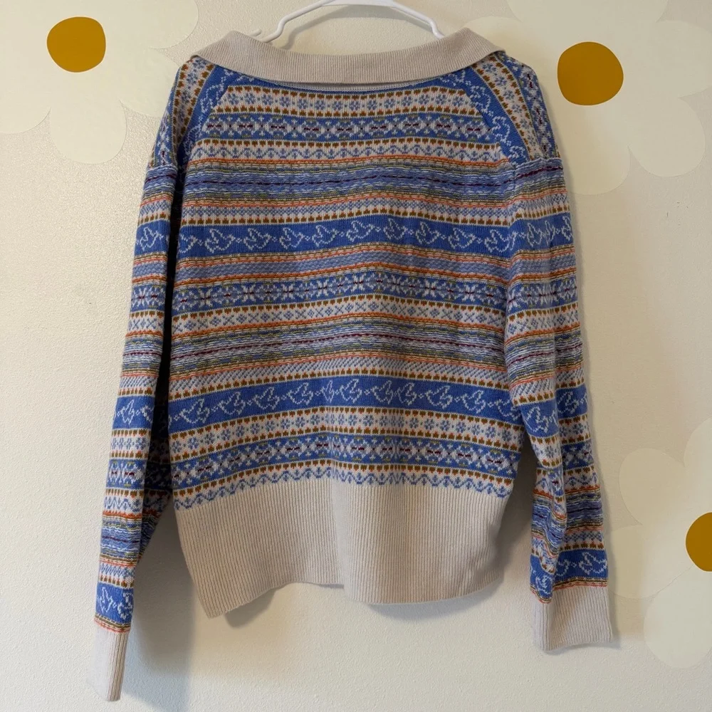EUC J. Crew Lambs Wool Blend Fair Isle Collared Sweater Blue Orange Cream Birds